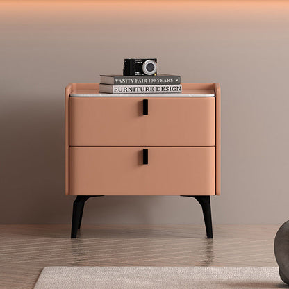 Contemporary Scandinavian Sintered Stone Microfiber Leather Solid Wood Carbon Steel Scythe-Leg Rounded Square Nightstand With 2 Drawers For Bedroom
