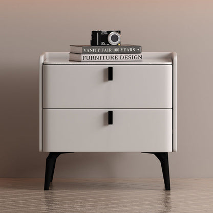 Contemporary Scandinavian Sintered Stone Microfiber Leather Solid Wood Carbon Steel Scythe-Leg Rounded Square Nightstand With 2 Drawers For Bedroom