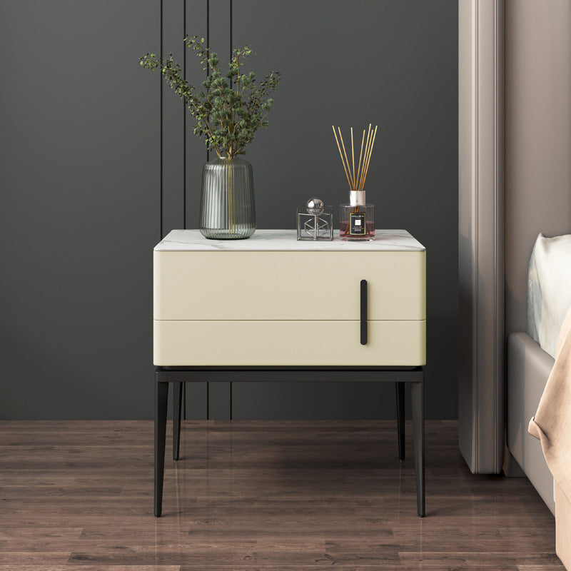 Modern Luxury Sintered Stone Microfiber Leather Solid Wood Carbon Steel Rounded Rectangle Nightstand 2-Drawer For Bedroom