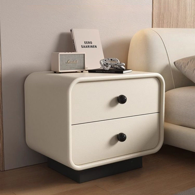 Modern Minimalist Cat-Scratch-Resistant Leather Solid Wood Rounded Square Nightstand 2-Drawer For Bedroom