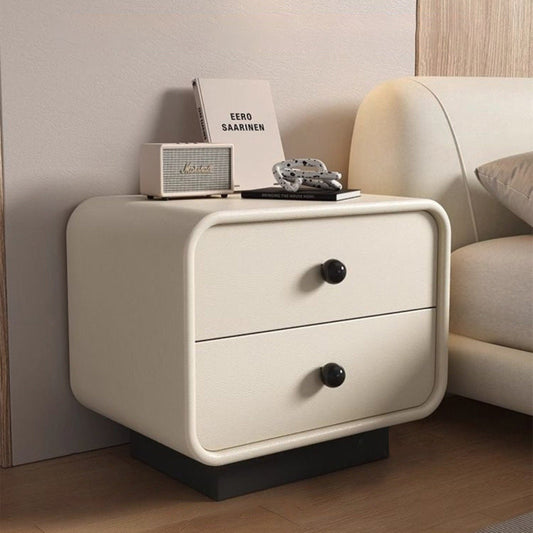 Modern Minimalist Cat-Scratch-Resistant Leather Solid Wood Rounded Square Nightstand 2-Drawer For Bedroom