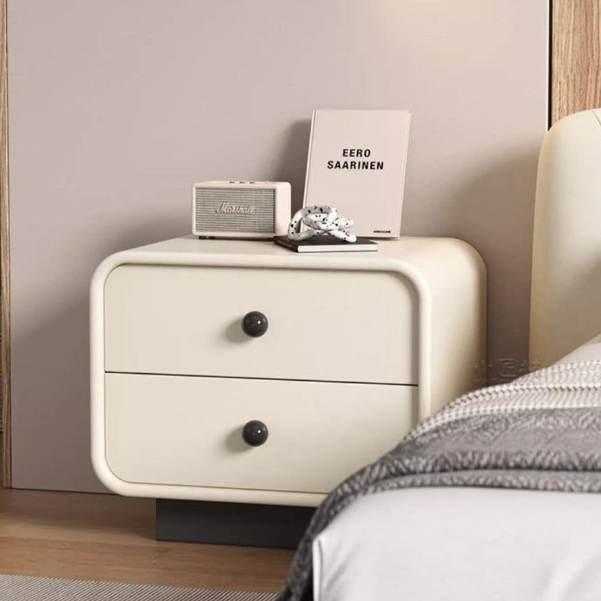 Modern Minimalist Cat-Scratch-Resistant Leather Solid Wood Rounded Square Nightstand 2-Drawer For Bedroom