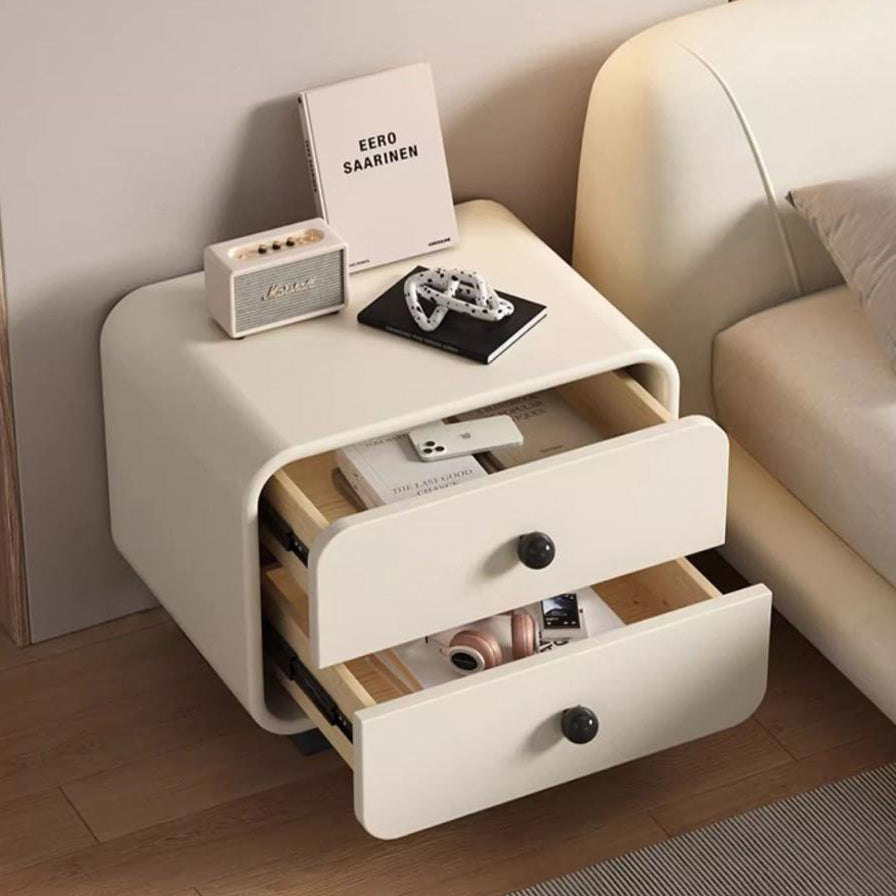 Modern Minimalist Cat-Scratch-Resistant Leather Solid Wood Rounded Square Nightstand 2-Drawer For Bedroom