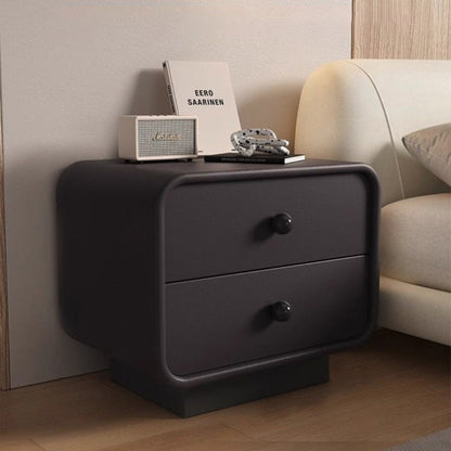 Modern Minimalist Cat-Scratch-Resistant Leather Solid Wood Rounded Square Nightstand 2-Drawer For Bedroom