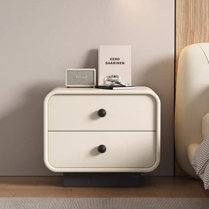 Modern Minimalist Cat-Scratch-Resistant Leather Solid Wood Rounded Square Nightstand 2-Drawer For Bedroom