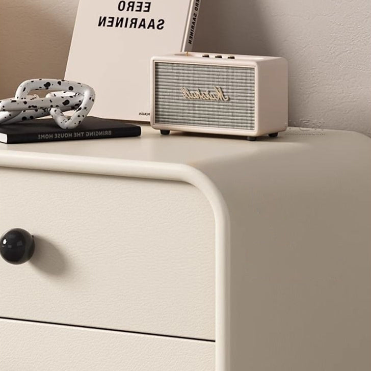 Modern Minimalist Cat-Scratch-Resistant Leather Solid Wood Rounded Square Nightstand 2-Drawer For Bedroom