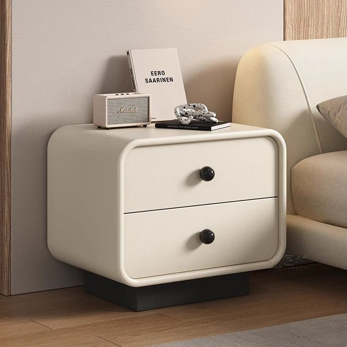 Modern Minimalist Cat-Scratch-Resistant Leather Solid Wood Rounded Square Nightstand 2-Drawer For Bedroom