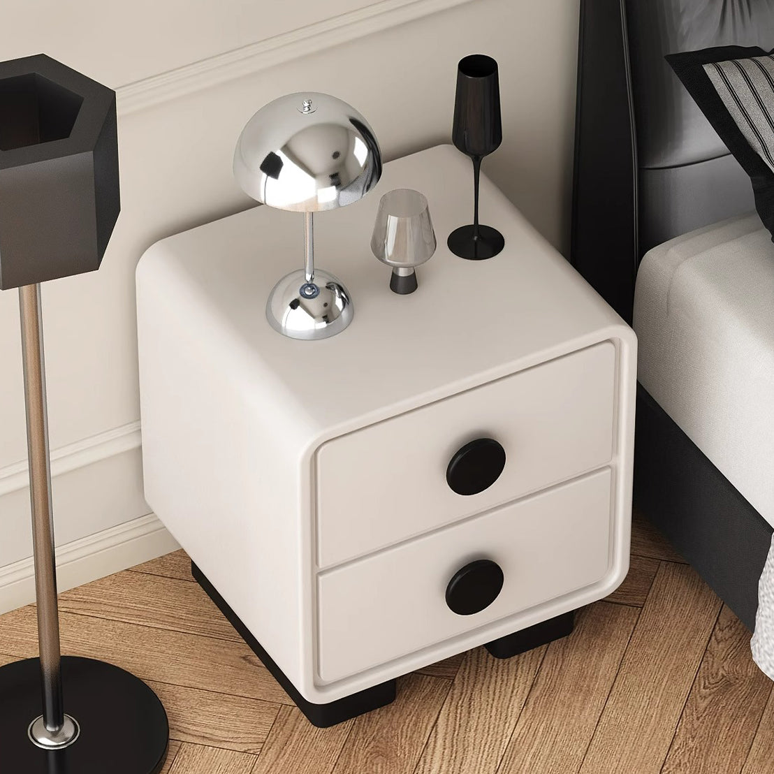 Contemporary Scandinavian Nappa Leather Solid Wood Metal Round Rectangle Nightstand 2-Drawer For Bedroom