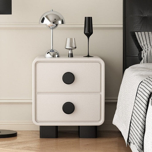 Contemporary Scandinavian Nappa Leather Solid Wood Metal Round Rectangle Nightstand 2-Drawer For Bedroom