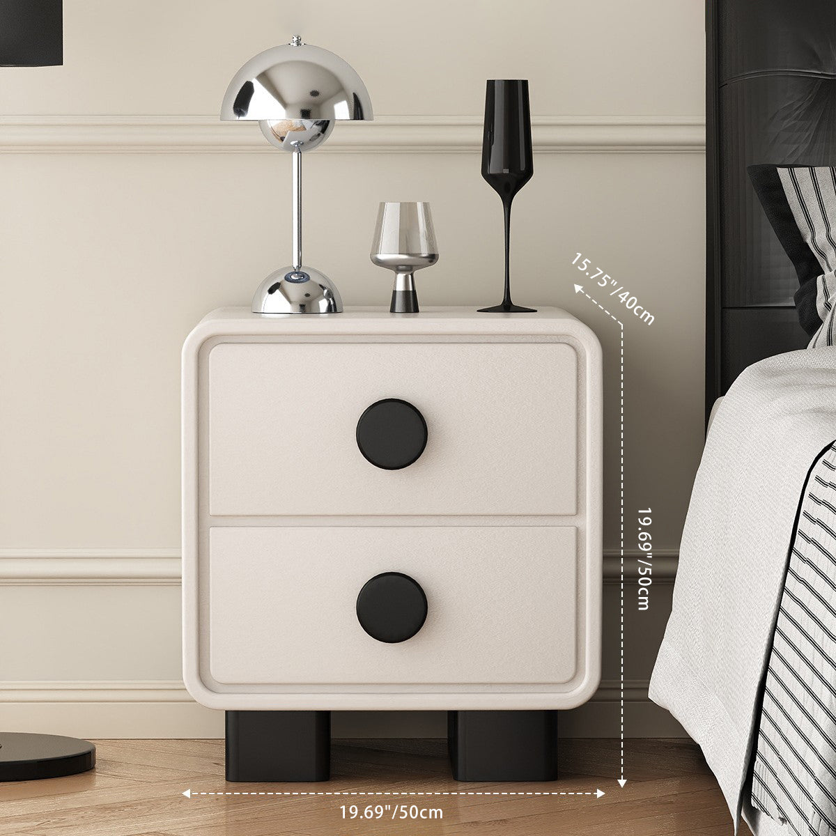 Contemporary Scandinavian Nappa Leather Solid Wood Metal Round Rectangle Nightstand 2-Drawer For Bedroom