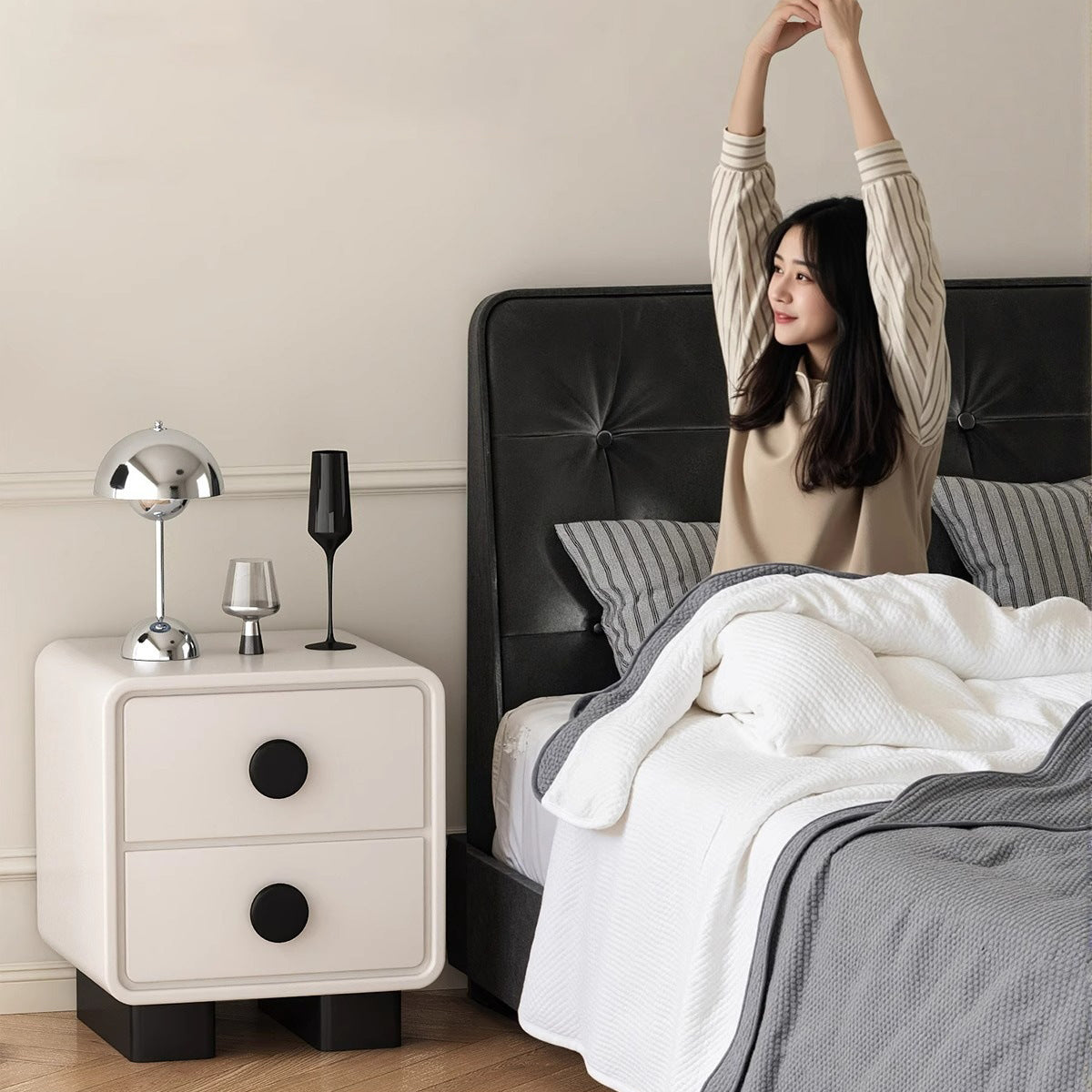Contemporary Scandinavian Nappa Leather Solid Wood Metal Round Rectangle Nightstand 2-Drawer For Bedroom