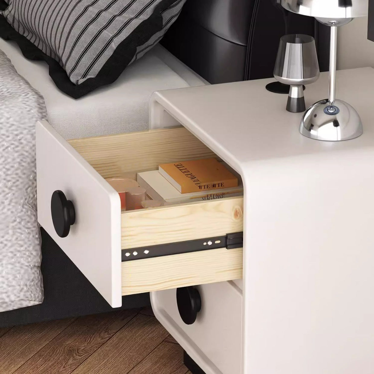 Contemporary Scandinavian Nappa Leather Solid Wood Metal Round Rectangle Nightstand 2-Drawer For Bedroom