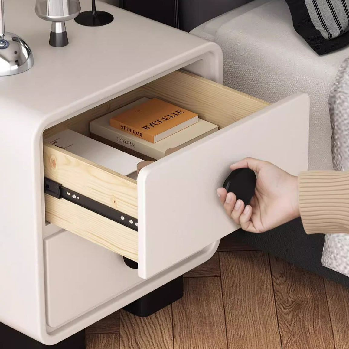 Contemporary Scandinavian Nappa Leather Solid Wood Metal Round Rectangle Nightstand 2-Drawer For Bedroom