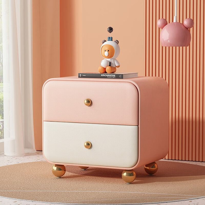 Contemporary Scandinavian Microfiber Leather Solid Wood Metal Ball Square Nightstand 2-Drawer For Bedroom