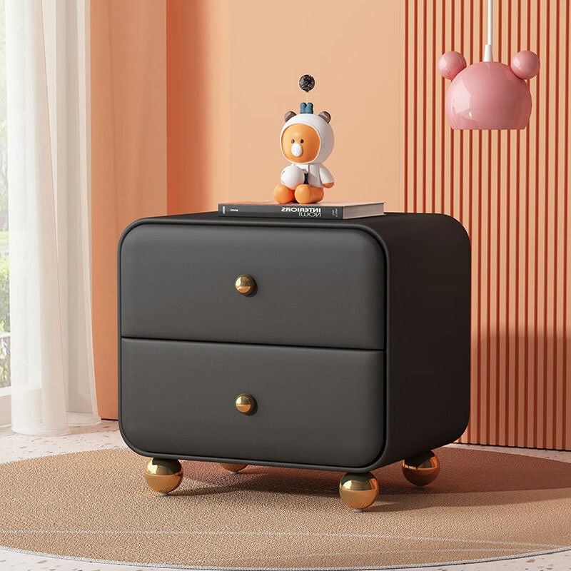Contemporary Scandinavian Microfiber Leather Solid Wood Metal Ball Square Nightstand 2-Drawer For Bedroom