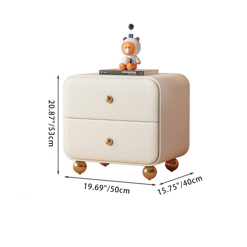 Contemporary Scandinavian Microfiber Leather Solid Wood Metal Ball Square Nightstand 2-Drawer For Bedroom