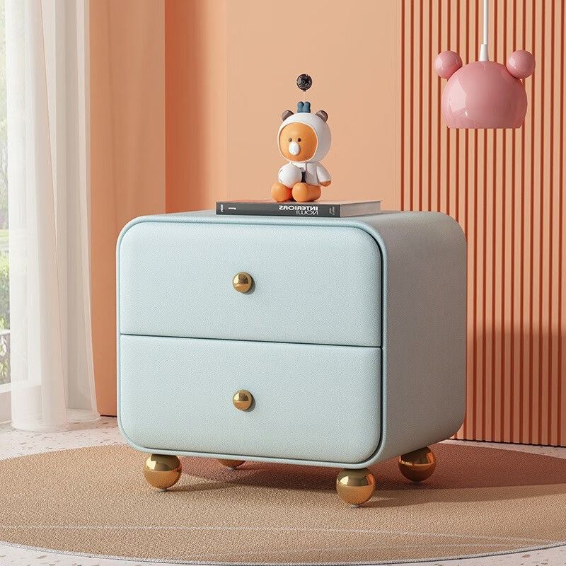 Contemporary Scandinavian Microfiber Leather Solid Wood Metal Ball Square Nightstand 2-Drawer For Bedroom