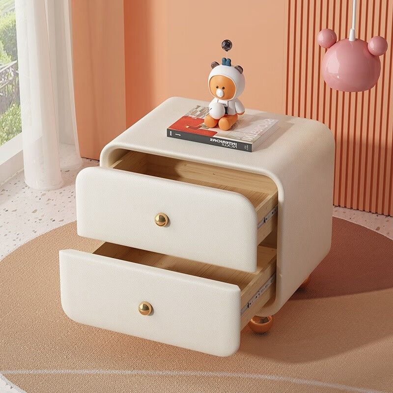 Contemporary Scandinavian Microfiber Leather Solid Wood Metal Ball Square Nightstand 2-Drawer For Bedroom