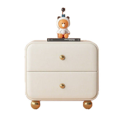 Contemporary Scandinavian Microfiber Leather Solid Wood Metal Ball Square Nightstand 2-Drawer For Bedroom