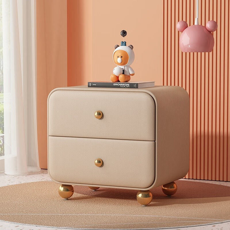 Contemporary Scandinavian Microfiber Leather Solid Wood Metal Ball Square Nightstand 2-Drawer For Bedroom