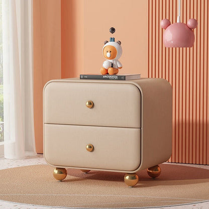 Contemporary Scandinavian Microfiber Leather Solid Wood Metal Ball Square Nightstand 2-Drawer For Bedroom