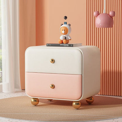 Contemporary Scandinavian Microfiber Leather Solid Wood Metal Ball Square Nightstand 2-Drawer For Bedroom