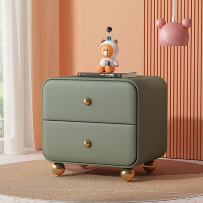 Contemporary Scandinavian Microfiber Leather Solid Wood Metal Ball Square Nightstand 2-Drawer For Bedroom