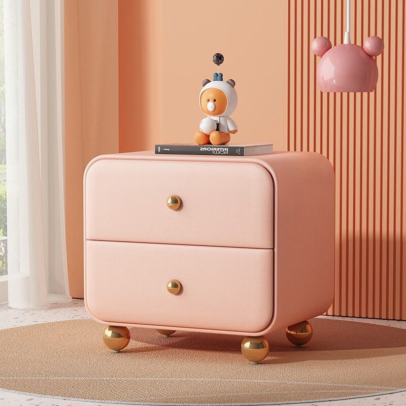 Contemporary Scandinavian Microfiber Leather Solid Wood Metal Ball Square Nightstand 2-Drawer For Bedroom