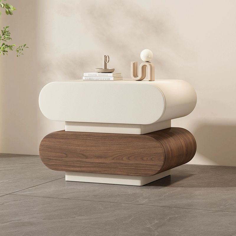Contemporary Creative Microfiber Leather Solid Wood Rounded Square Nightstand 2-Drawer For Bedroom