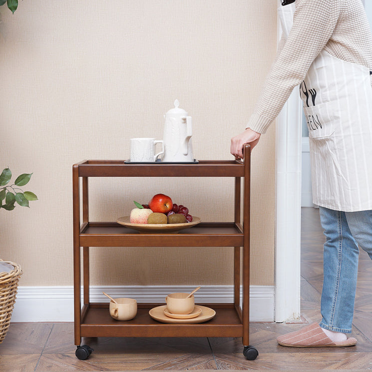 Traditional Vintage Solid Wood Mobile Rectangular Side Table 3-Tier For Dining Room