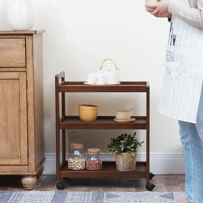 Traditional Vintage Solid Wood Mobile Rectangular Side Table 3-Tier For Dining Room