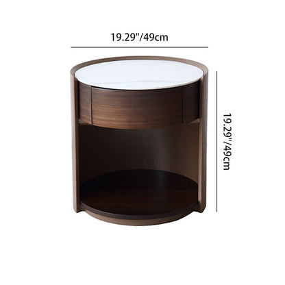 Traditional Chinese Sintered Stone Medium Density Fiberboard Round Cylinder Nightstand 2-Tier For Bedroom
