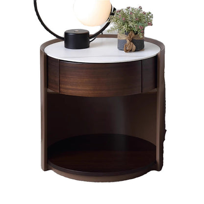 Traditional Chinese Sintered Stone Medium Density Fiberboard Round Cylinder Nightstand 2-Tier For Bedroom