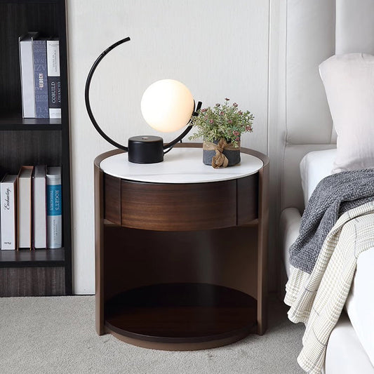 Traditional Chinese Sintered Stone Medium Density Fiberboard Round Cylinder Nightstand 2-Tier For Bedroom