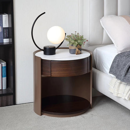 Traditional Chinese Sintered Stone Medium Density Fiberboard Round Cylinder Nightstand 2-Tier For Bedroom