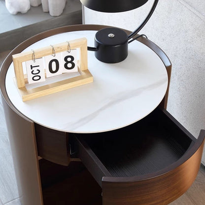 Traditional Chinese Sintered Stone Medium Density Fiberboard Round Cylinder Nightstand 2-Tier For Bedroom