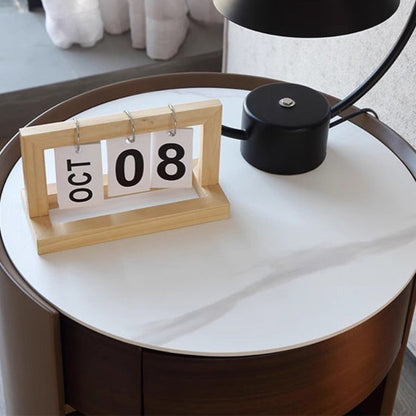 Traditional Chinese Sintered Stone Medium Density Fiberboard Round Cylinder Nightstand 2-Tier For Bedroom