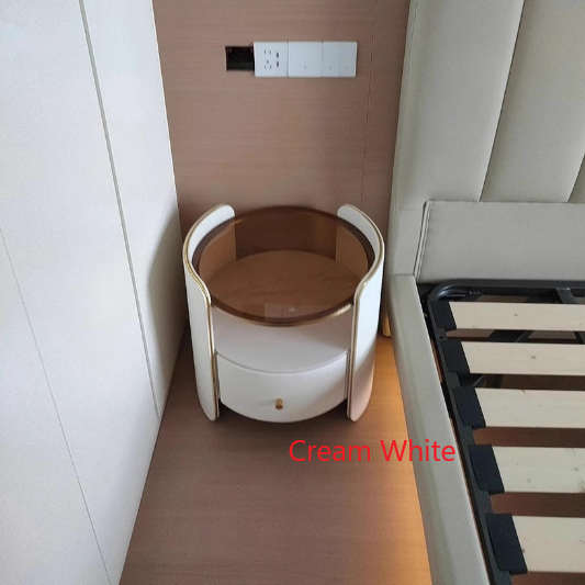 Contemporary Scandinavian Tempered Glass Sintered Stone Microfiber Leather Wood Round Cylinder Nightstand 2-Tier For Bedroom