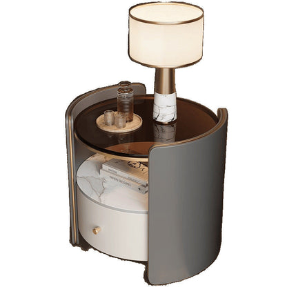 Contemporary Scandinavian Tempered Glass Sintered Stone Microfiber Leather Wood Round Cylinder Nightstand 2-Tier For Bedroom