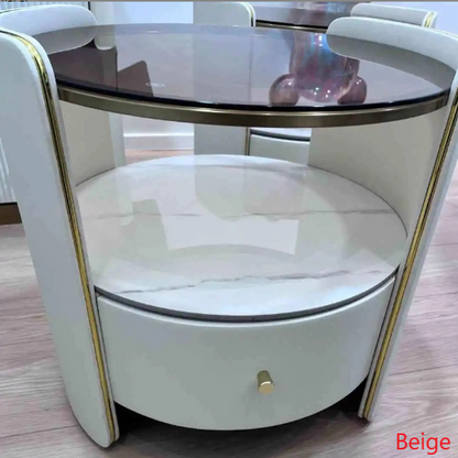 Contemporary Scandinavian Tempered Glass Sintered Stone Microfiber Leather Wood Round Cylinder Nightstand 2-Tier For Bedroom