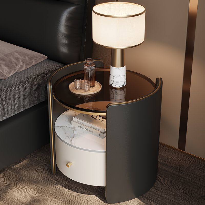Contemporary Scandinavian Tempered Glass Sintered Stone Microfiber Leather Wood Round Cylinder Nightstand 2-Tier For Bedroom