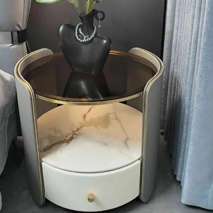 Contemporary Scandinavian Tempered Glass Sintered Stone Microfiber Leather Wood Round Cylinder Nightstand 2-Tier For Bedroom