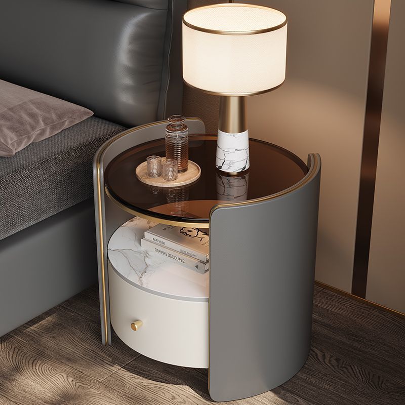 Contemporary Scandinavian Tempered Glass Sintered Stone Microfiber Leather Wood Round Cylinder Nightstand 2-Tier For Bedroom