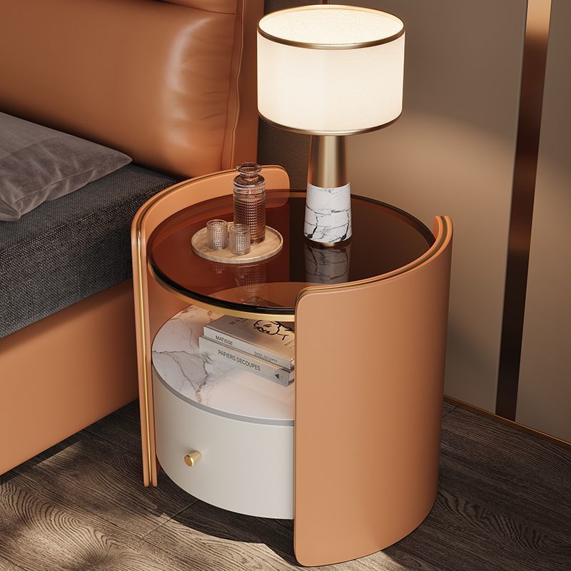 Contemporary Scandinavian Tempered Glass Sintered Stone Microfiber Leather Wood Round Cylinder Nightstand 2-Tier For Bedroom