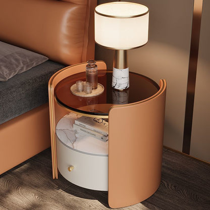 Contemporary Scandinavian Tempered Glass Sintered Stone Microfiber Leather Wood Round Cylinder Nightstand 2-Tier For Bedroom