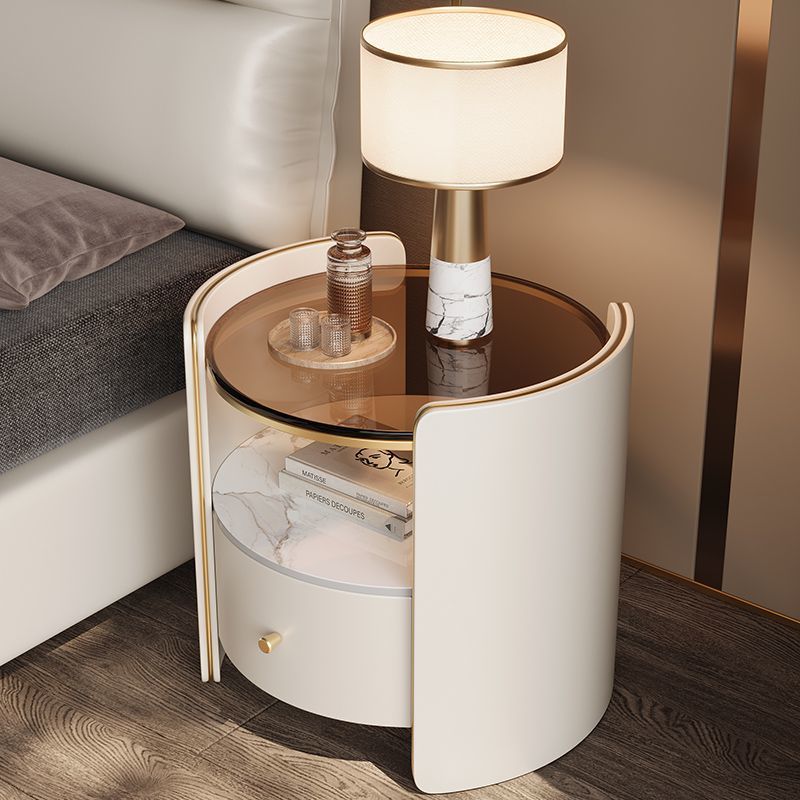 Contemporary Scandinavian Tempered Glass Sintered Stone Microfiber Leather Wood Round Cylinder Nightstand 2-Tier For Bedroom