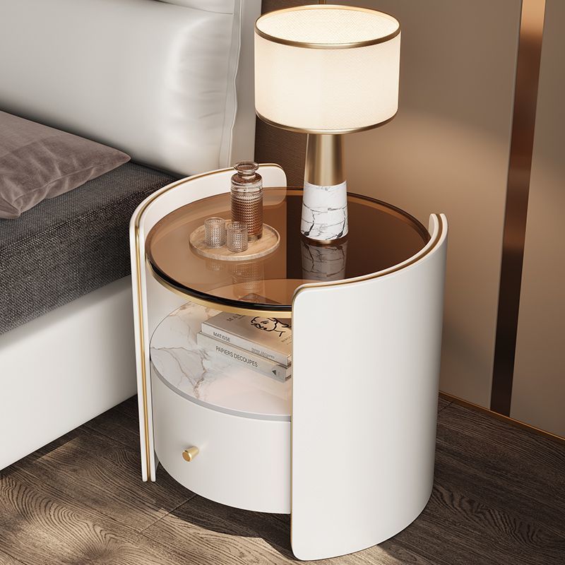 Contemporary Scandinavian Tempered Glass Sintered Stone Microfiber Leather Wood Round Cylinder Nightstand 2-Tier For Bedroom