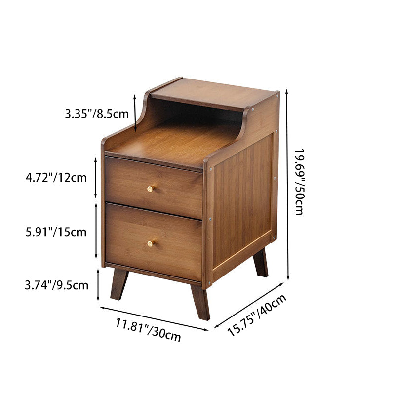Traditional Chinese Bamboo Solid Wood Square Curved Nightstand 2-Drawer For Bedroom
