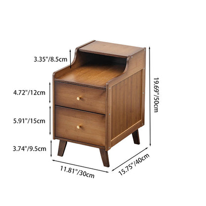 Traditional Chinese Bamboo Solid Wood Square Curved Nightstand 2-Drawer For Bedroom