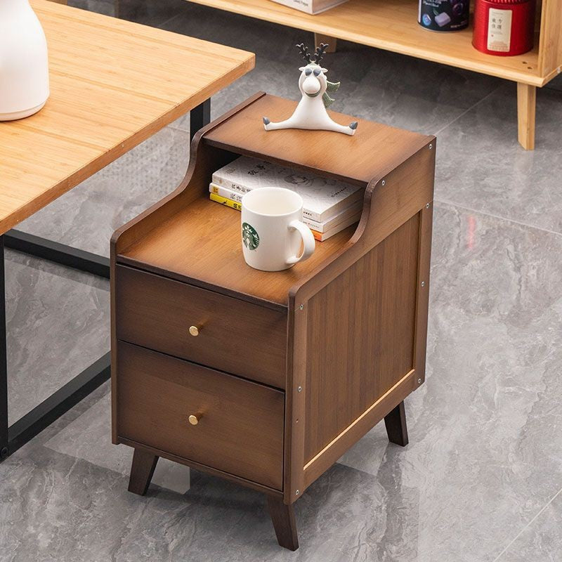 Traditional Chinese Bamboo Solid Wood Square Curved Nightstand 2-Drawer For Bedroom